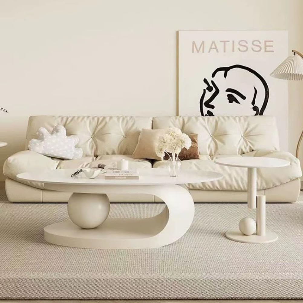 Oval Stone Coffee Tables for Living Room,Modern Oval Coffee Table Contemporary Stone,Center Table with Side Tables Set of 2,Abstract Tables for Living Room,Office,White,120 * 60cm