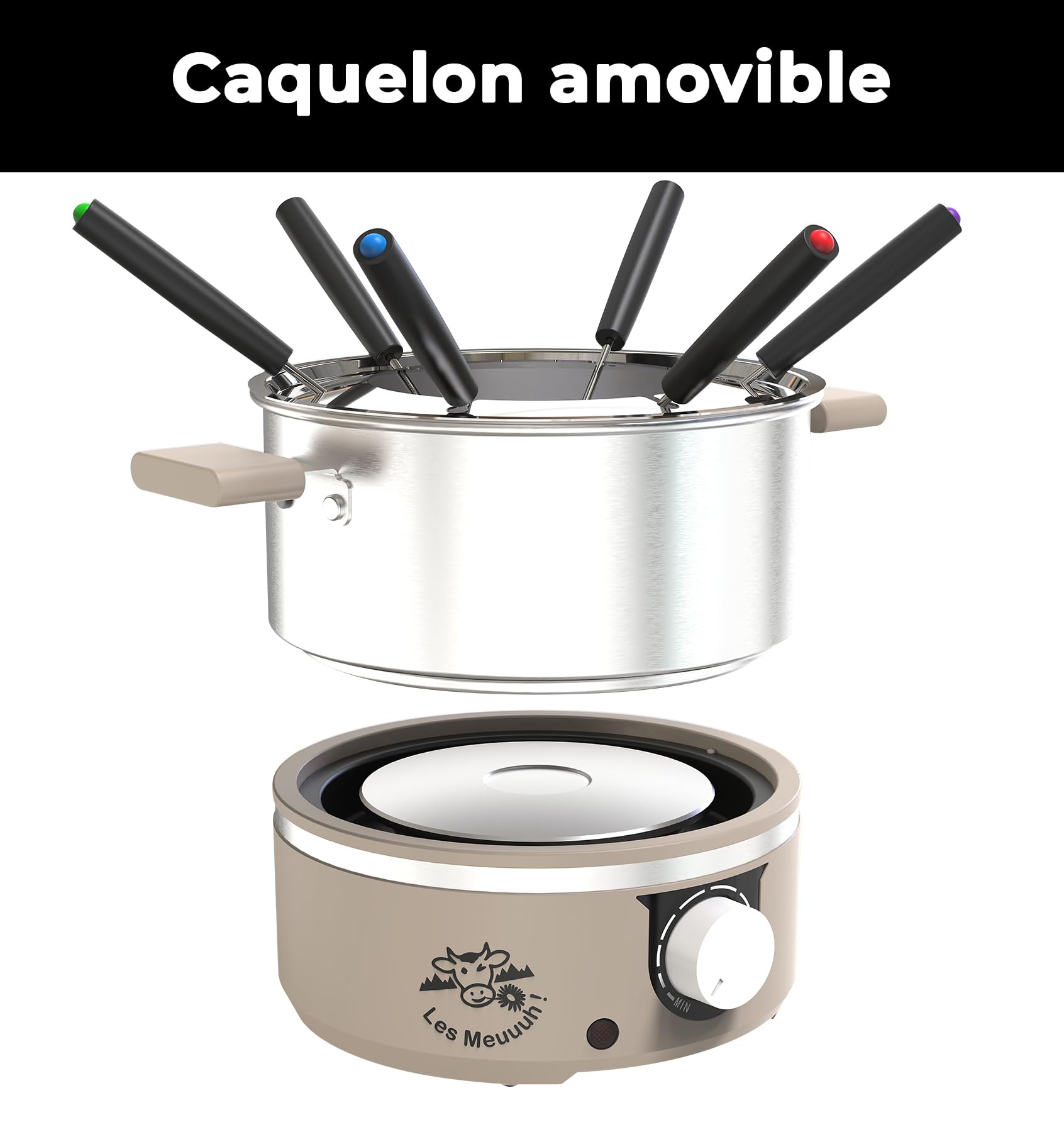 LITTLE BALANCE 8964 Little Fondue Meuuuh...!, Appareil à fondue 6 personnes, Caquelon inox, Compatible induction, 1,8 litres, 650 W, Muscade