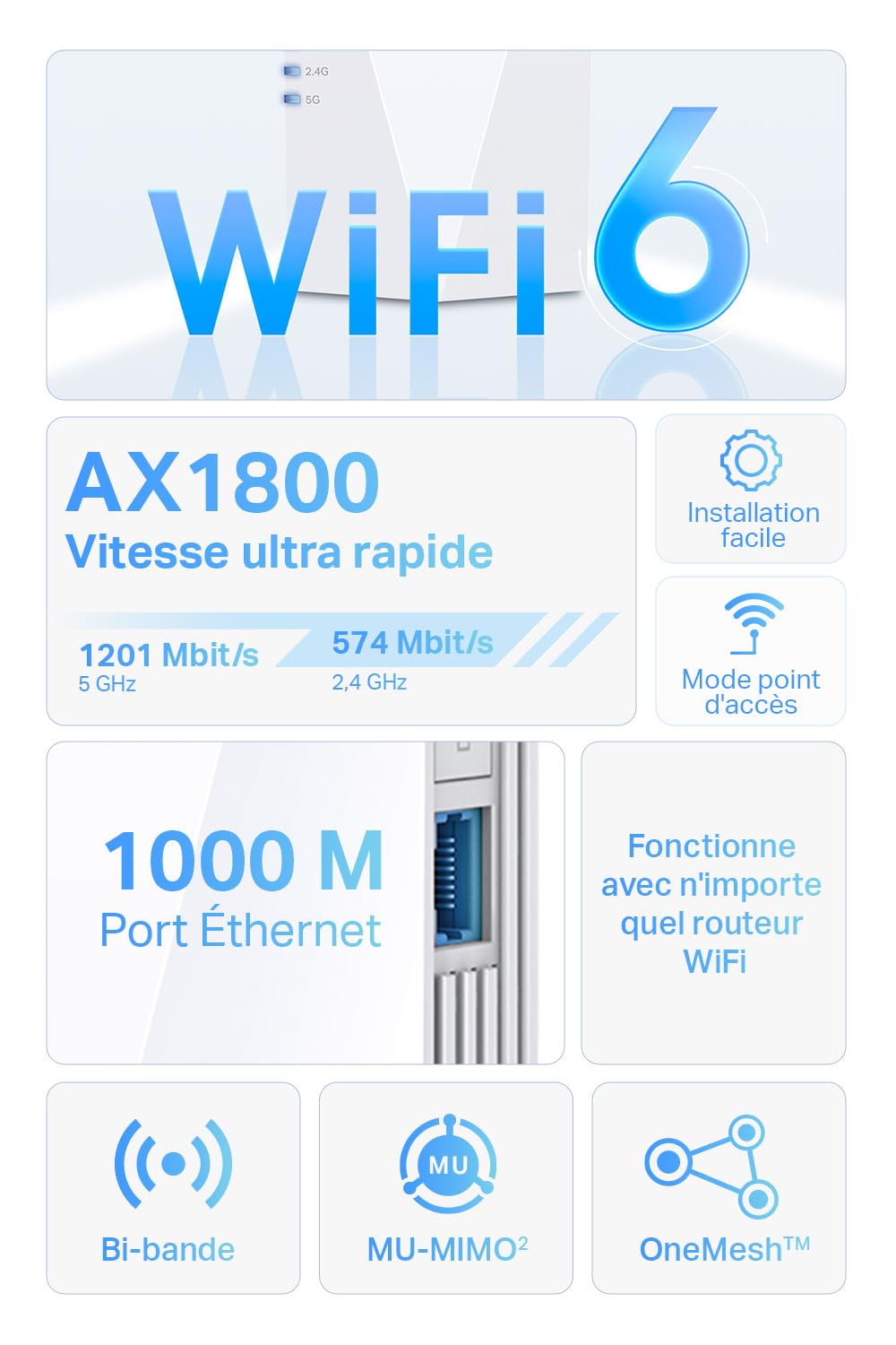 TP-Link Répéteur WiFi 6 Mesh (RE600X), Amplificateur WiFi AX1800 Couvre jusqu'à 100 m², WiFi Extender, WiFi Booster, 1 Port Ethernet Gigabit, Compatible avec Toutes Les Box Internet - Noir | Compatible toutes box, Port Gigabit pour connecter TV ou PC, Idé