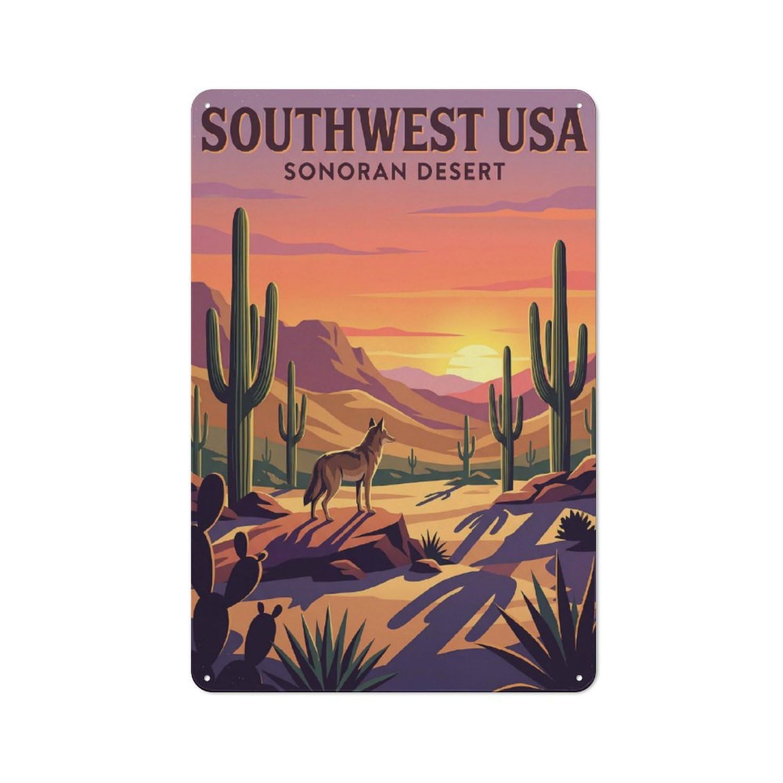 Junmoney Style-16 Metal Plaque 30X20cm With Southwest Usa Sonoran Desert Coyote For Hallway Wall, Rustic Decor, A Metal Wall Feature For Hallways And Entrance Areas