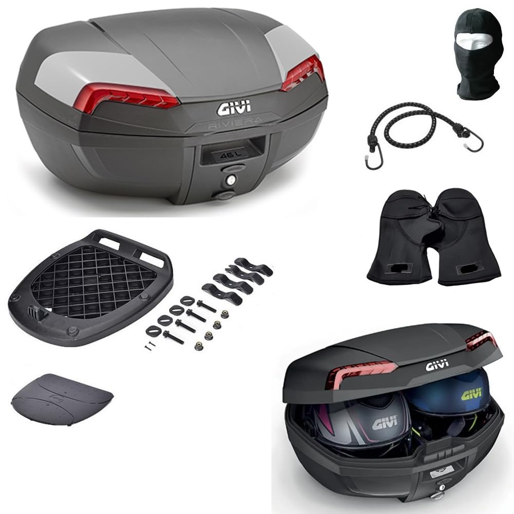 COMPATIBILE CON DUCATI HYPERSTRADA 939 BAULETTO E46 RIVIERA VALIGIA TOP CASE MONOLOCK 46 LT BAULE PER MOTO SCOOTER CON PIASTRA E KIT UNIVERSALE PER PORTAPACCHI POSTERIORE
