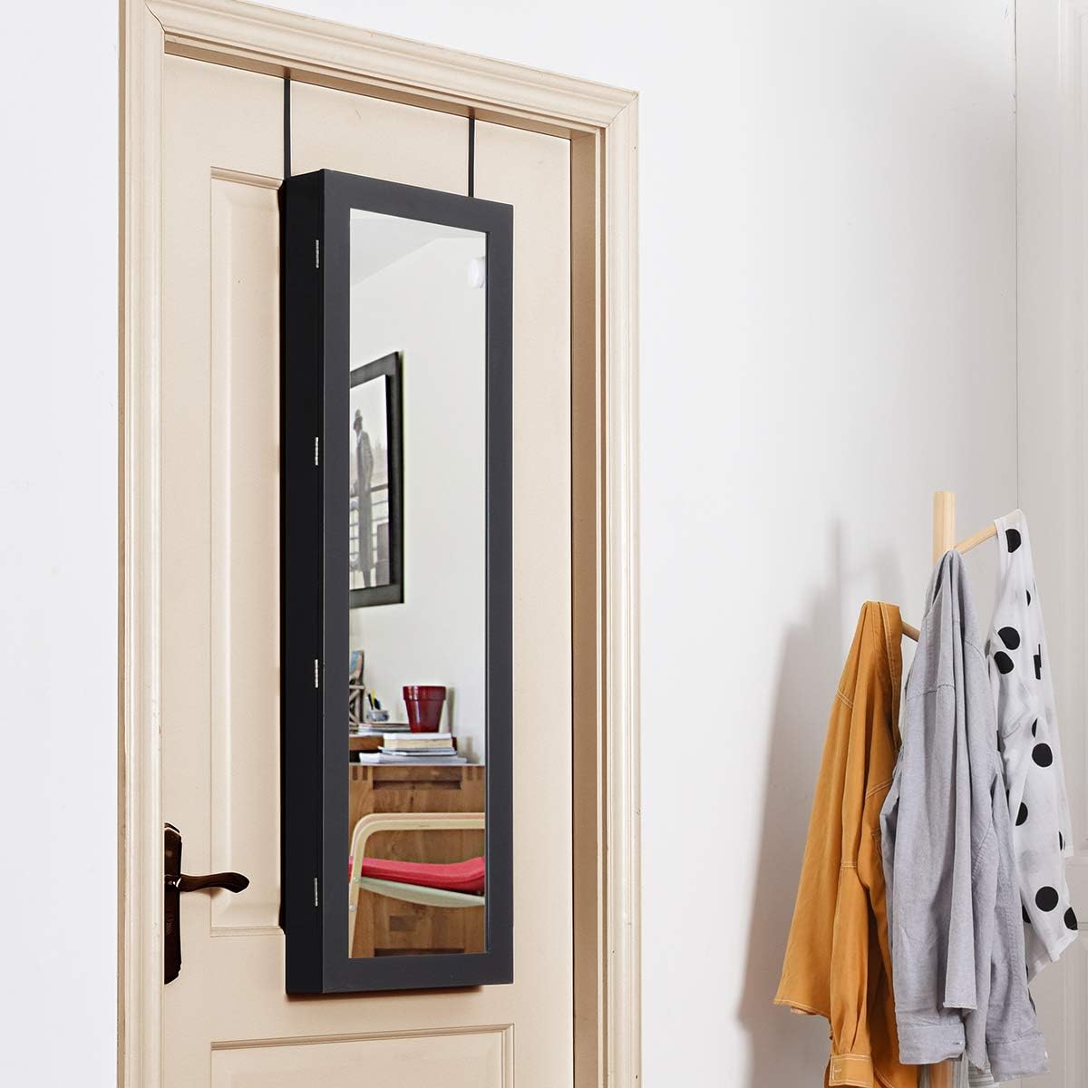 GOPLUS 2 en 1 Armoire à Bijoux avec Miroir, Organisateur de Bijoux Mural avec Lumières LED Automatiques, Armoire de Rangement Cosmétiques Verrouillable pour Chambre, Vestiaire (Noir)