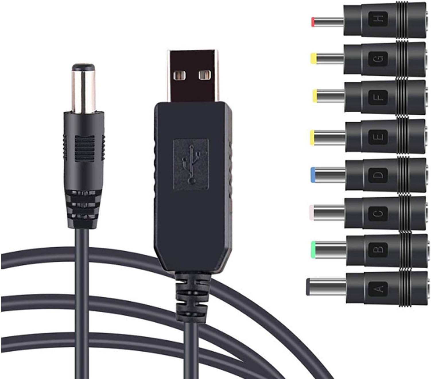 USB Power Cable with Conversion Plug DC Charging Cord 5.5 x 2.1 mm 12V/2.1A DC Jack Converter Adapter for Fan, PSP, Solar Panel, Power Bank and More (1 1M + 8 Converter Plug)
