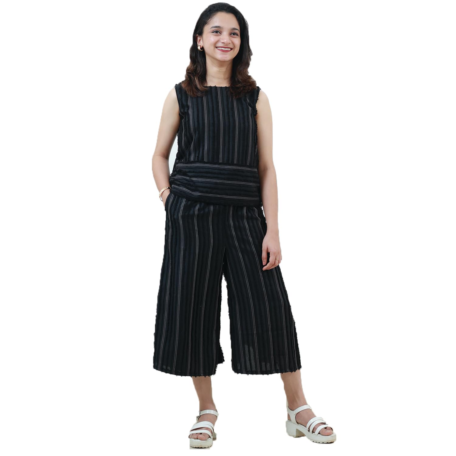 Women Black Striped Co-ord Set | Sleeveless Top and Wide-Leg Pants | Casual & Office Wear Outfit with Pockets-image-24