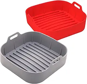 Kit 2 Forma de Silicone Air Fryer Grande 20CM Cesto Assadeira Quadrada Preta Vermelha Cinza C/Alça Reutilizável