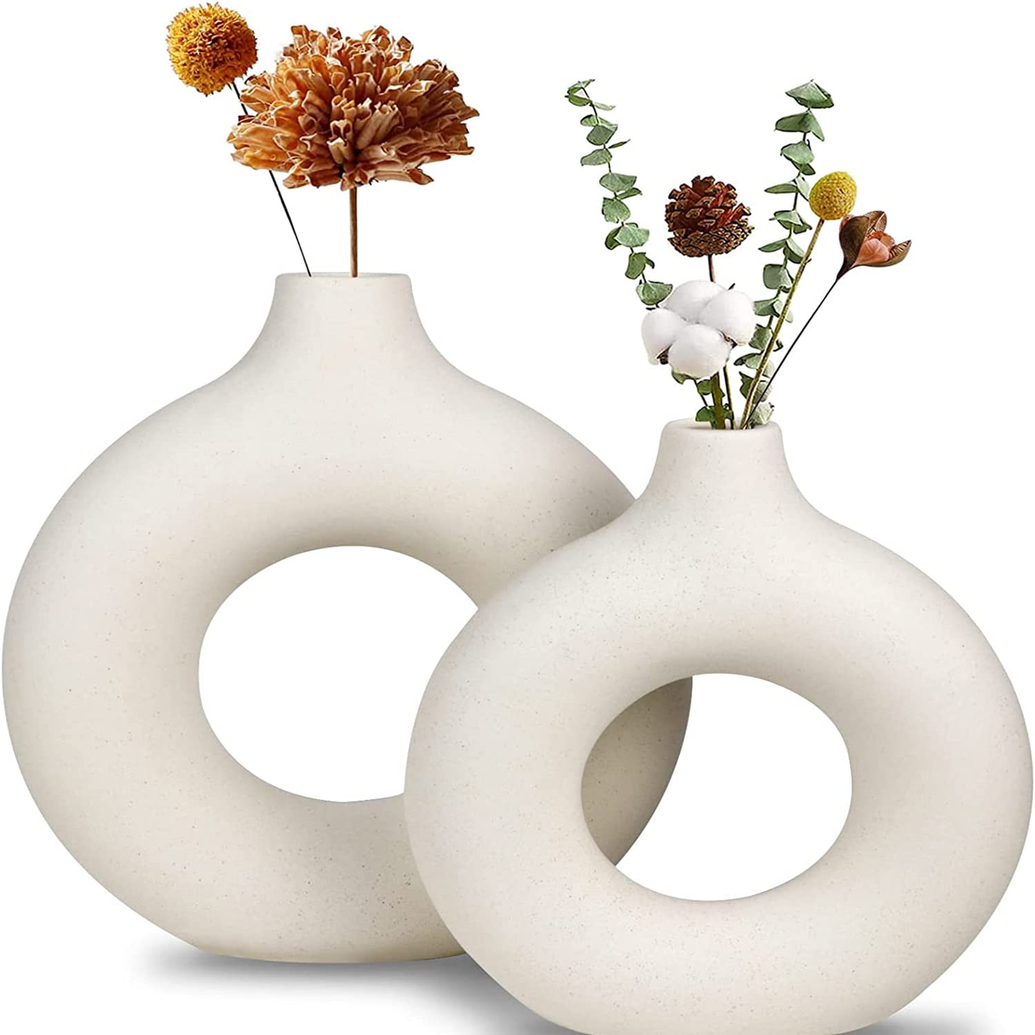 MACIUM White Ceramic Vases, Modern Vase for Minimalist Decor, Round Matte Pampas Flower Vases, Minimalist Nordic Boho Ins Style for Home Wedding, Party, Room, able Shelf Decor (L)