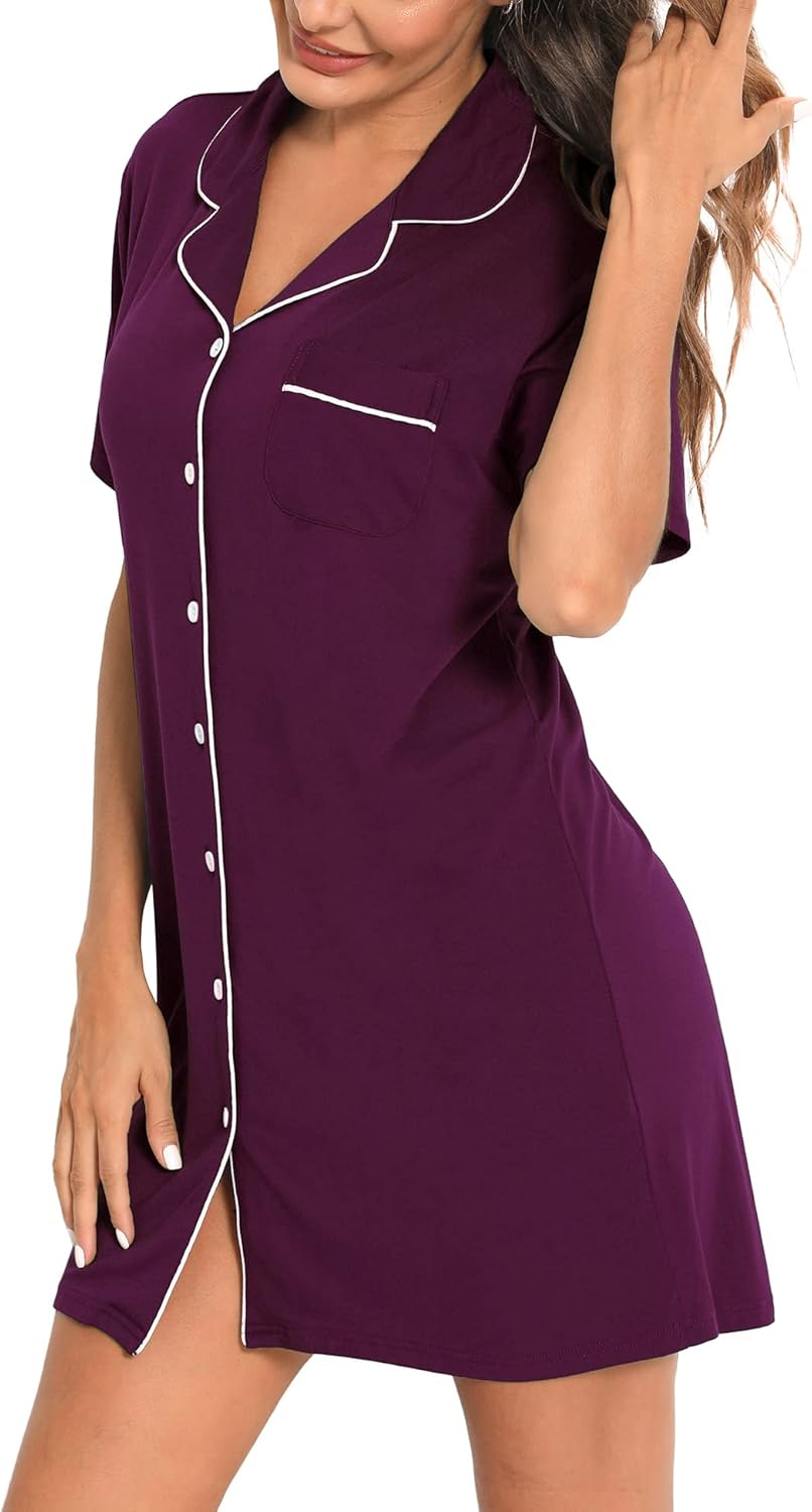 SWOMOG Women Pajama Nightgowns Button Down Sleepwear short Sleeve Sleep Dress Boyfriend Silk Nightshirt - Image 4
