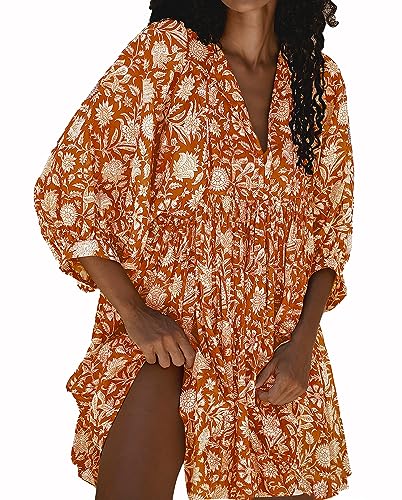 Image of Boho Dresses for Women Floral V Neck Puff SLVS Babydoll Short Beach Dress