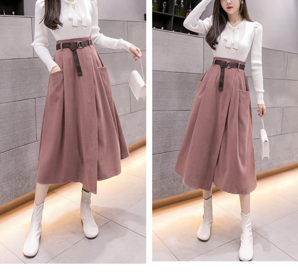 Faldas De Invierno para Mujer, Falda De Invierno Rosa para Mujer Cintura Elástica Falda Midi De Talle Alto con Bolsillos Cinturón Faldas Fruncidas Informales El(As Shown M)