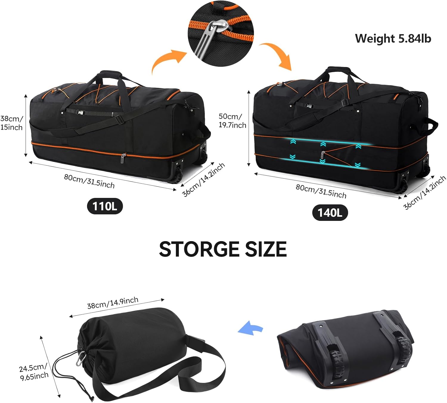 110L/140L Expandable Soft-Sided Foldable Duffle Bag with 2 Rubber Wheels,Packable 32” Rolling Carry-On with Multi-Pockets & Compartments,Black Orange - Image 2
