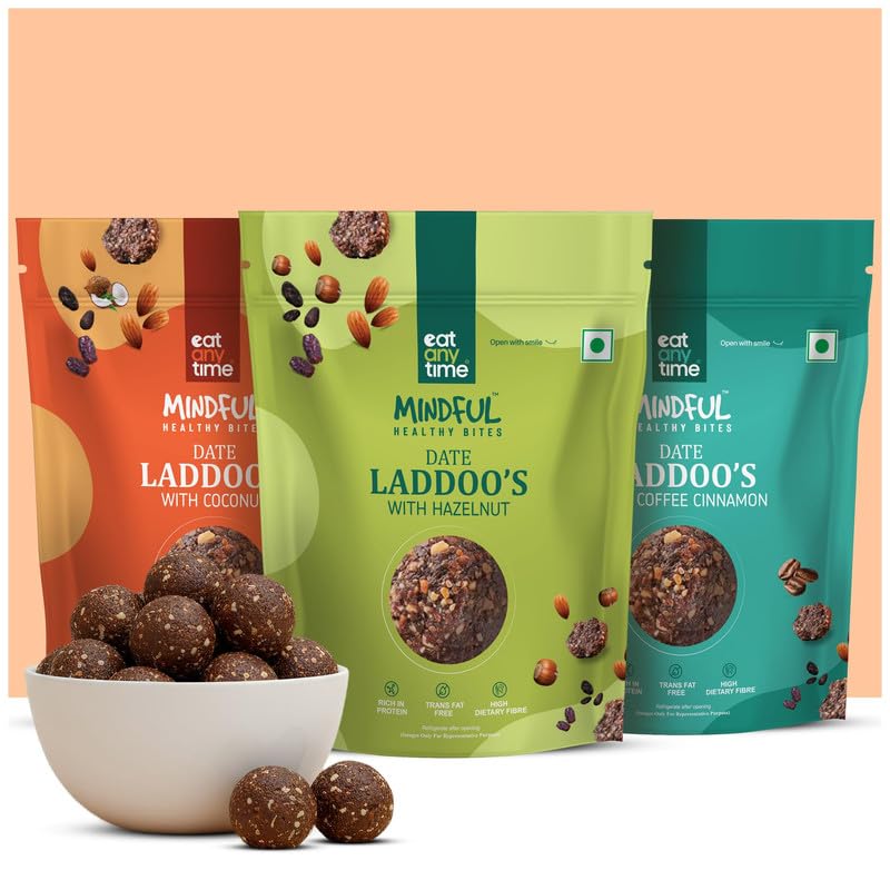 Eat Anytime Dates & Dry Fruit Laddoo 300g (30 pcs) | Hazelnut, Coconut & Coffee Flavours | No Added Sugar | High Protein, Gluten Free | Healthy Snack & Energy Bar Replacement