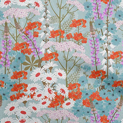 oneOone Cotton Cambric Light Blue Fabric Asian Floral Botanical Flower Sewing Material Print Fabric By The Yard 42 Inch Wide