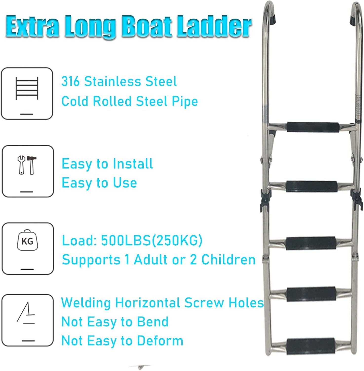 4/5 / 6 Step Boat Ladder Telescoping/Pontoon Ladders Extension, Rope Ladder for Boat/Outdoor Boat Swim Platform Ladder, Dock Boarding Stainless Steel Ladder