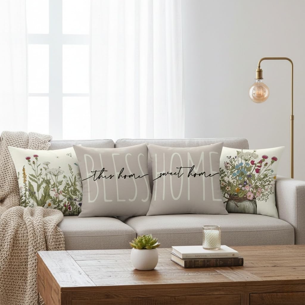 Copricuscini 40x40 Set di 4 decorativi cuscini per divano floreali e botanici Cuscini primavera-estate per divano camera da letto Cuscino da esterno Grigio