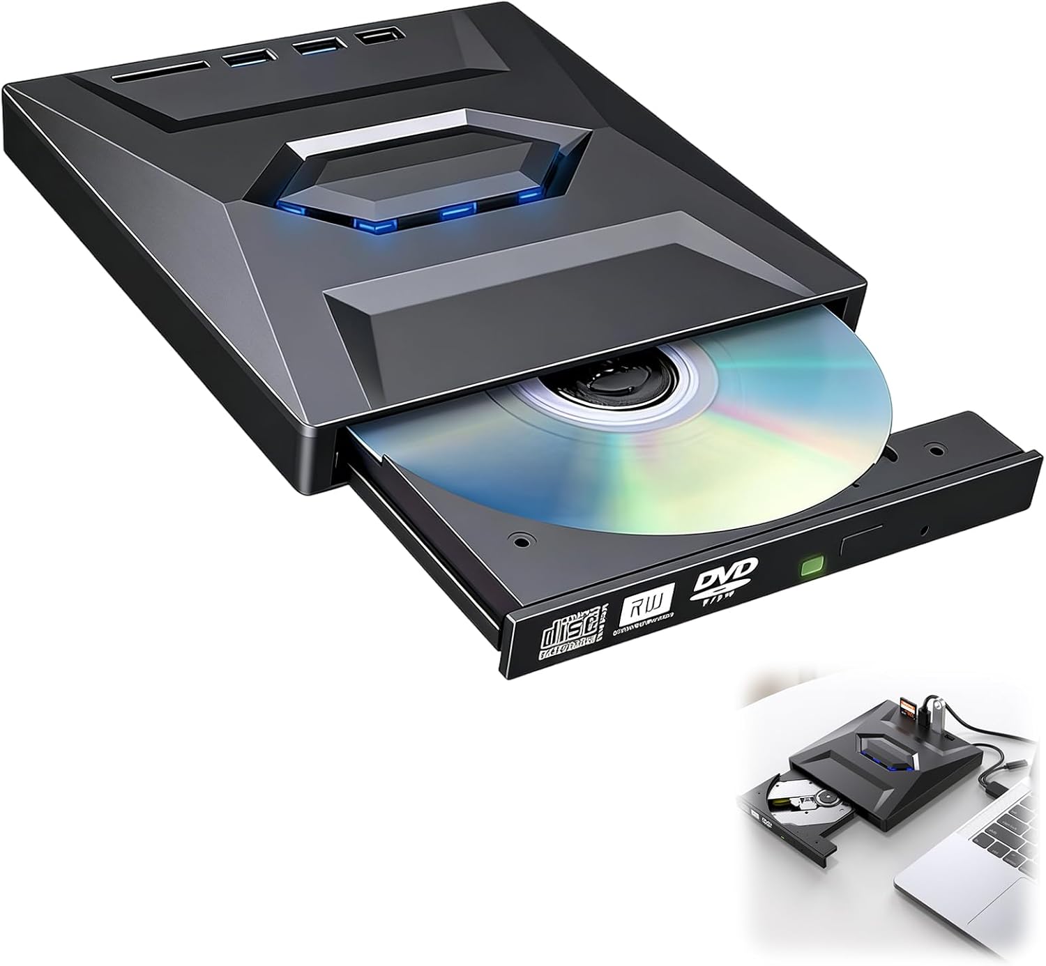 External Blu-ray Drive Portable BD/DVD/CD Burner Writer Reader with USB Hub & SD/TF Card Reader with 3 USB Ports Hub & SD/TF Card Readers, 6X Blu-ray Optical Drive for Laptop Desktop