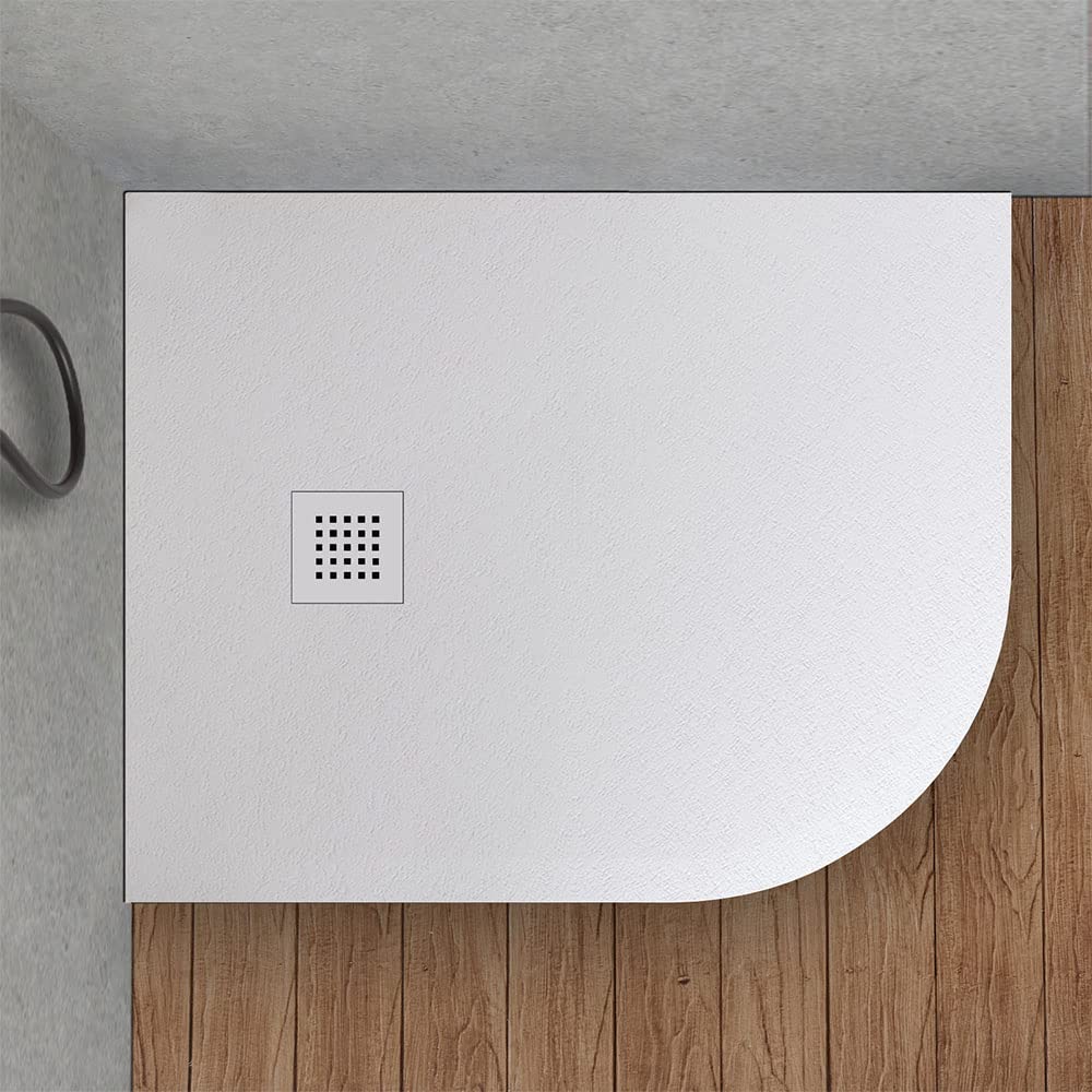 Inbagno Piatto Doccia semicircolare Sinistro 70x90 in Resina Bianco Effetto Pietra, Ultra Slim e Antibatterico, riducibile su Misura, griglia di Scarico Reversibile, Loren