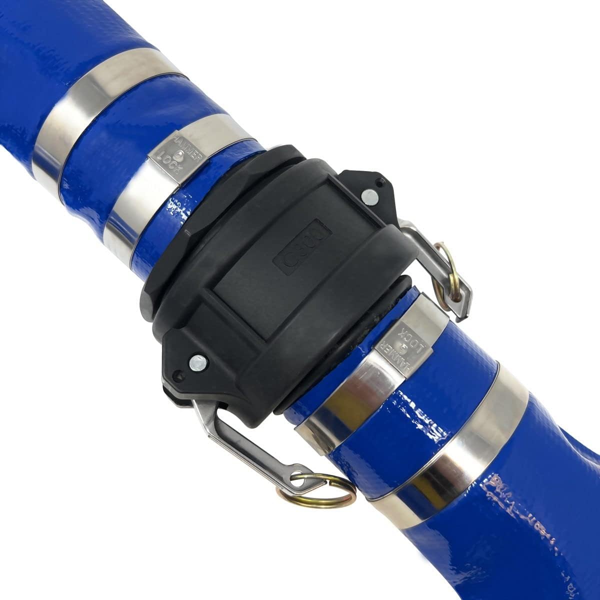 Gloxco 4" x 25′ Blue Lay Flat PVC Discharge Hose Assembly with Poly Cam and Groove C and E Fittings