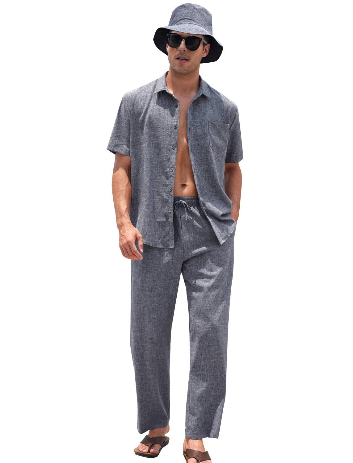 EISHOPEER Men's Linen Sets 3 Pieces Casual Button Down Cotton Linen Shirt and Long Pants Set Beach Outfits with Hats S-3XL