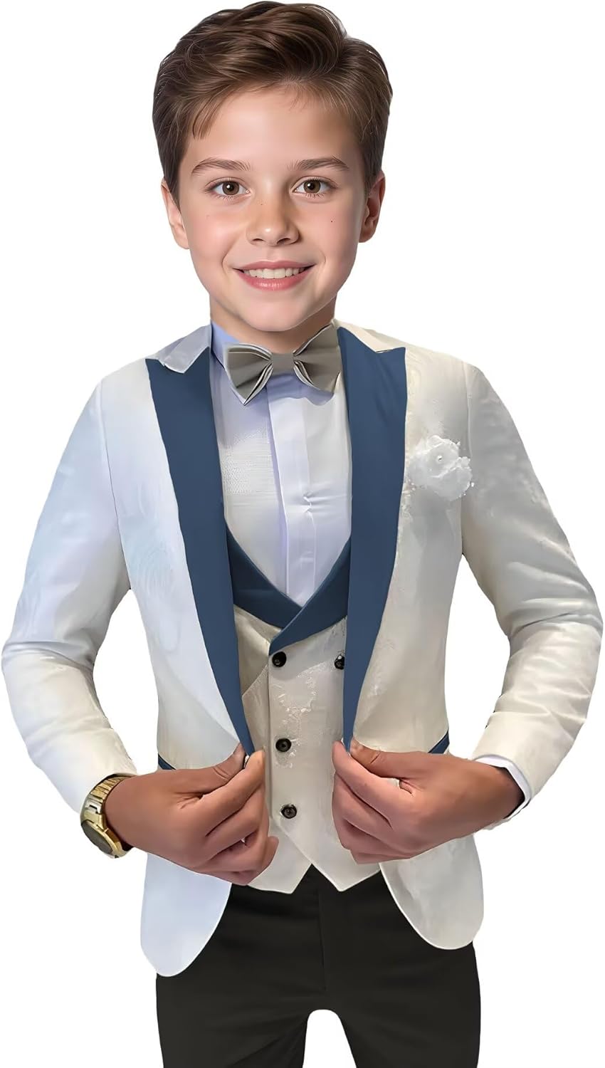 Boys 3 Pieces Suit Slim Fit Jacquard Tuxedo Formal Jacket Vest and Pants Ring Bearer Outfit Wedding Prom Outfit