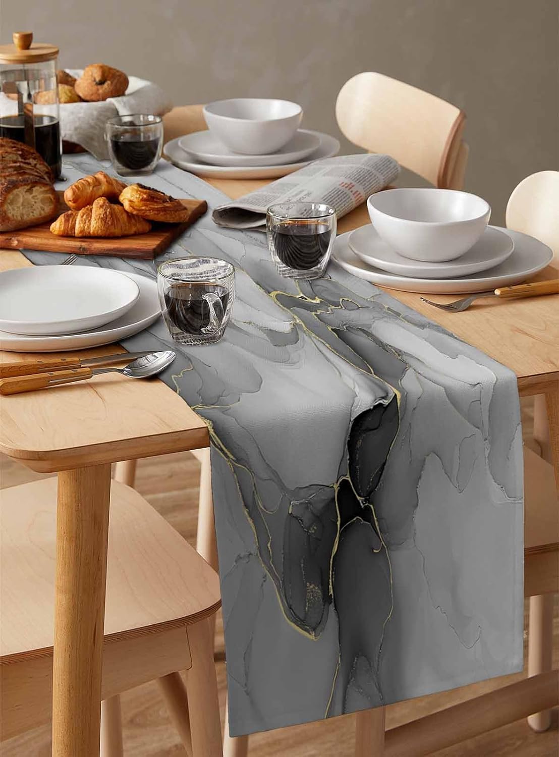 Farmhouse Table Runner Abstract Gray Fluid Lines Art Vintage Non Slip Table Runners Dresser Scarves 72" Long, Modern Tabletop Cover Decor for Kitchen Dining Home