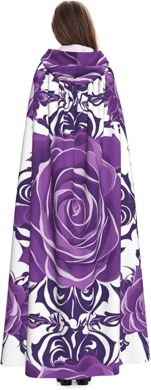 Unisex Full Length Hooded Halloween Christmas Party Robe Cloak Cape Cosplay Costume Men Women Beautiful Purple Roses Prints