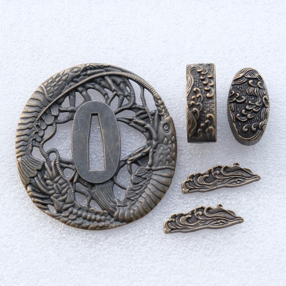 Samurai Sword Koshirae Set，Alloy Tsuba Fuchi Kashira Menuki Katana Fittings (HJ123, 3.14in-3.54in, 2.75in-3.14in,)