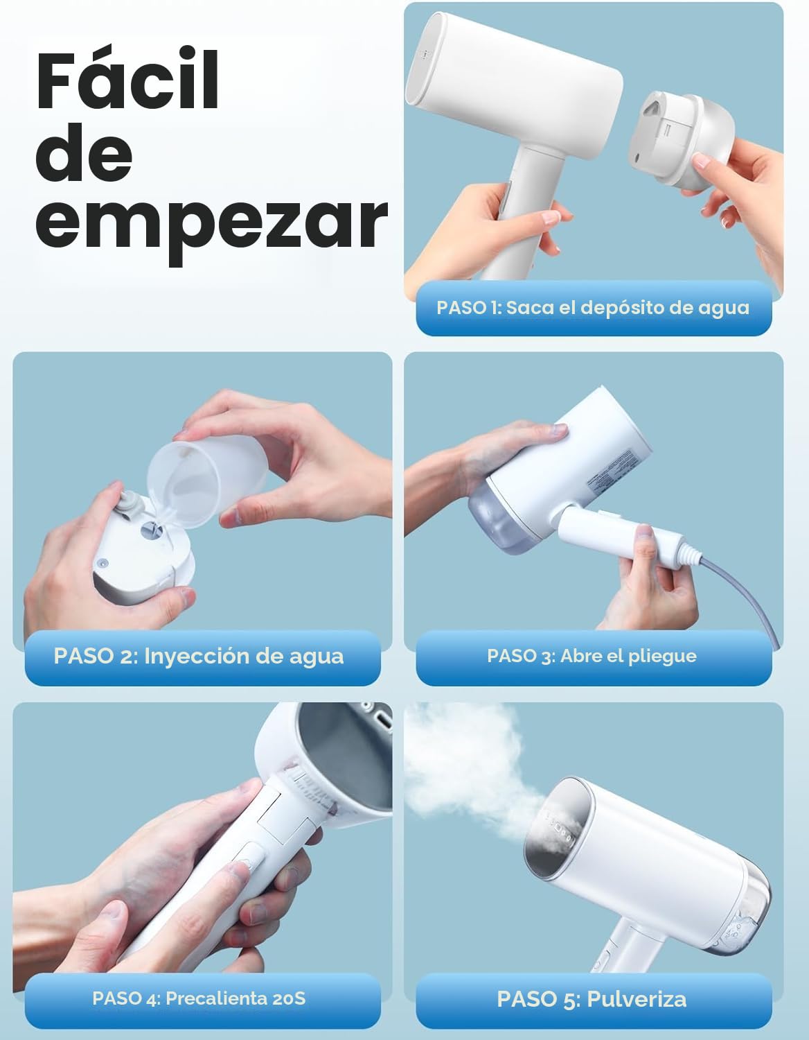 Vaporizador para ropa, plegable y portátil, de viaje, calentamiento rápido, 30 segundos, vaporizador de ropa, con depósito de agua grande de 170 ml, vaporizador de mano para el hogar y viajes
