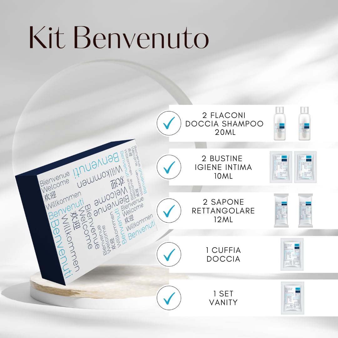 Kit Cortesia B&B Benvenuti Box con 8 Pezzi per 2 Persone Set Cortesia Bagno B&B con 2 Saponette, 2 Flacomi Doccia Shampoo, 1 Cuffia Doccia Monouso, 1 Set Vanity, 2 Bustine Igiene Intima (100)