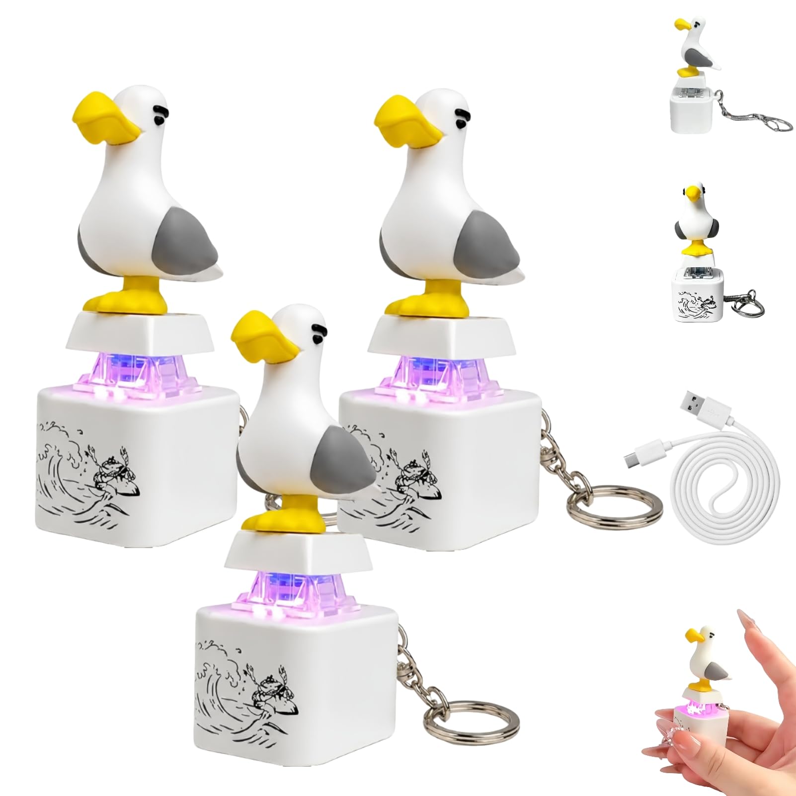 Seagull Mine Sound Button Keychain, Mine Seagull Keyring, Rechargeable Fidget Clicker with Real Sound and LED Light, Funny Interactive Desk Stress Relief Fidget Toy Gifts for Adults，3pcs
