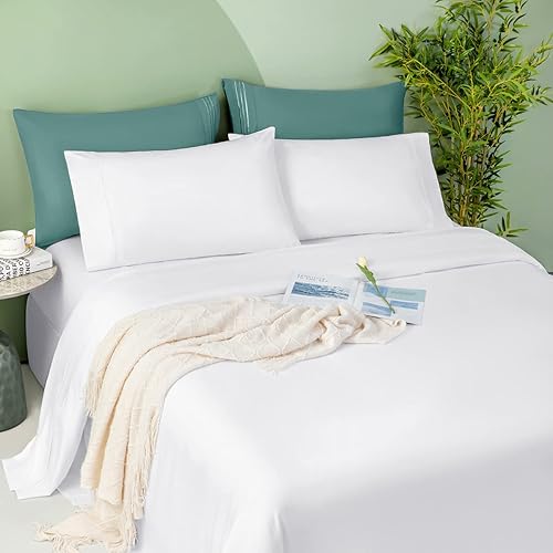 LIANLAM 100% Bamboo Sheets - King Size Sheets Set 4 Piece ，Cooling Bed Sheets Super Soft Breathable Luxury Sheets 16Inch Deep Pocket - Wrinkle and Hypoallergenic (White, King)