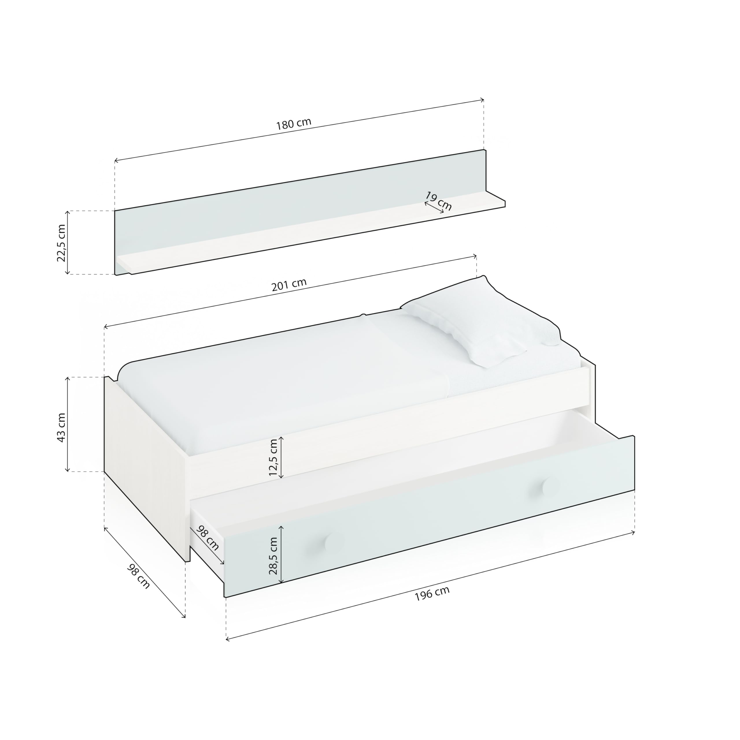 Habitdesign Cama Nido Juvenil Kendra, Conjunto 2 Camas + Estante de Pared, Dormitorio Infantil para Niños, Color Blanco Alpes y Verde Acqua, Medidas: 201x43x98 cm