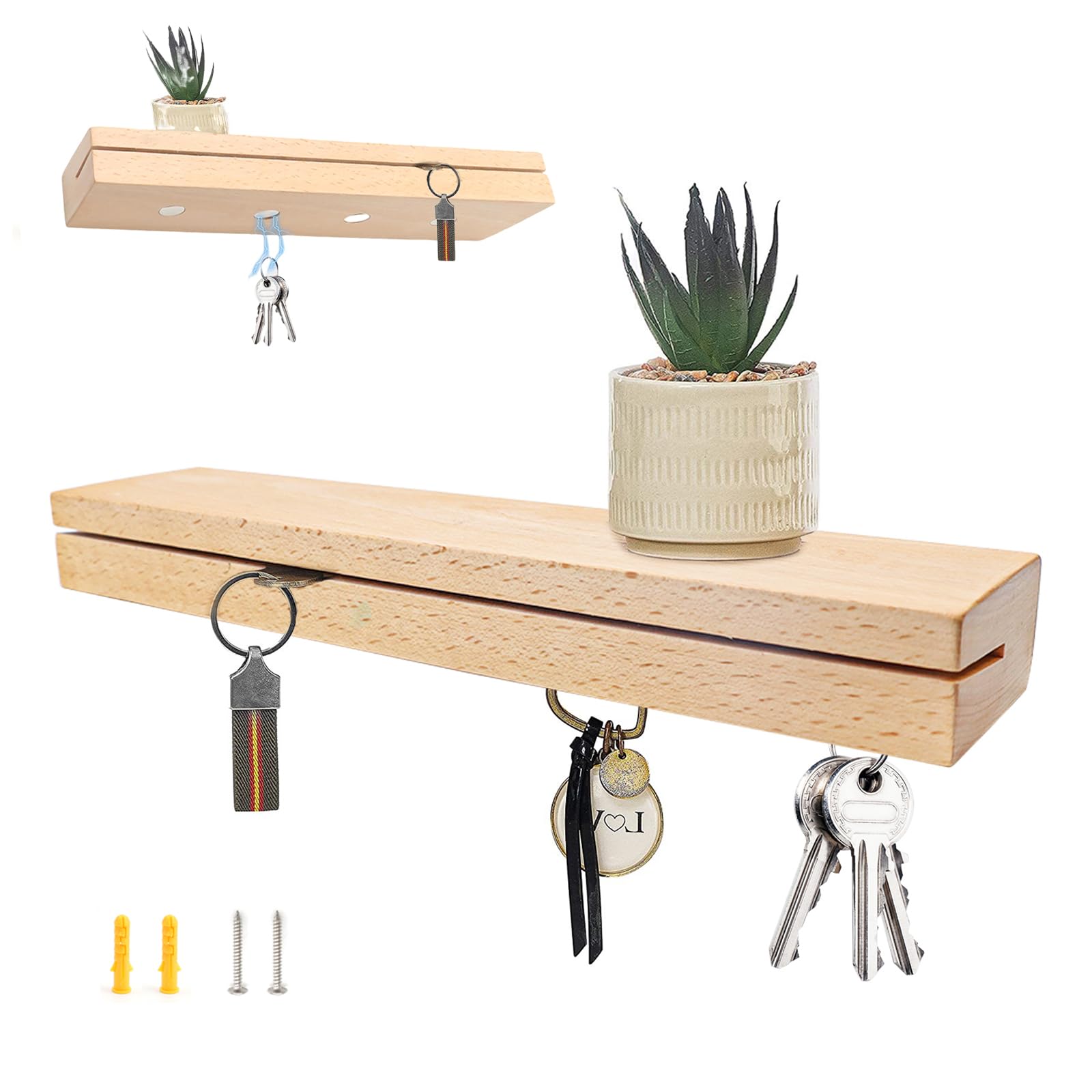 Soporte Magnético para Llaves de Roble - Tablero Organizador con Ranura Ajustable y Kit de Montaje (2 Tacos + Tornillos)