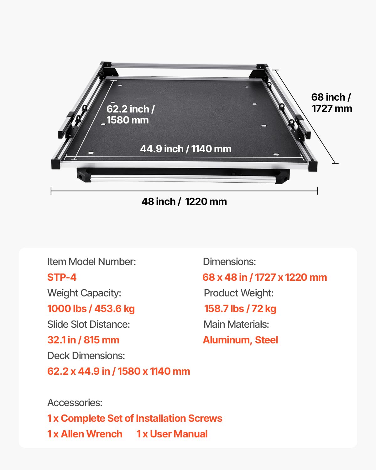 VEVOR Organiseur de lit Coulissant pour Camion, 1727 x 1220 mm, tiroir de Rangement Robuste pour Caisse de Camion, 453,6 kg, avec 6 Anneaux Mobiles de Fixation, Plateau Coulissant 2 Positions, Noir