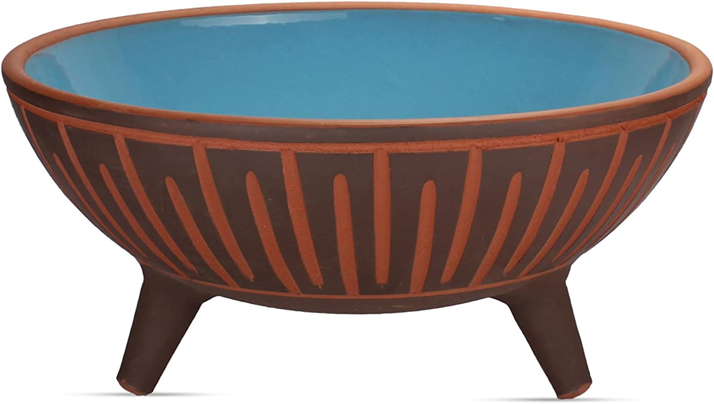  | 10 Inch Decorative Rustic Terracotta Bowl with Legs, Ideal Gift for Loved Ones, Perfect as a Serving Dish – Blue, Stripe pattern: Serving Bowls