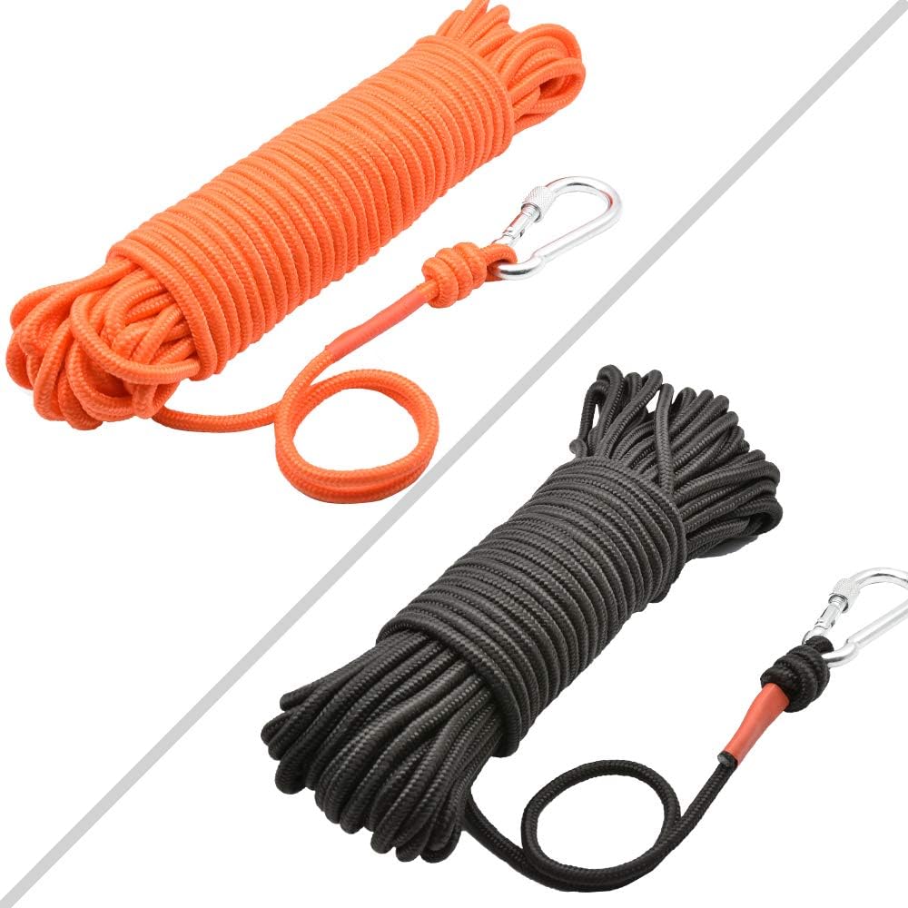 Magnet Fishing Rope with Hooks- All Purpose Nylon High Strengte Cord Rope - 65 Feet - Diameter 6mm/8mm - Approximately 1/4" / 1/3" (Black, 8mm Diameter)