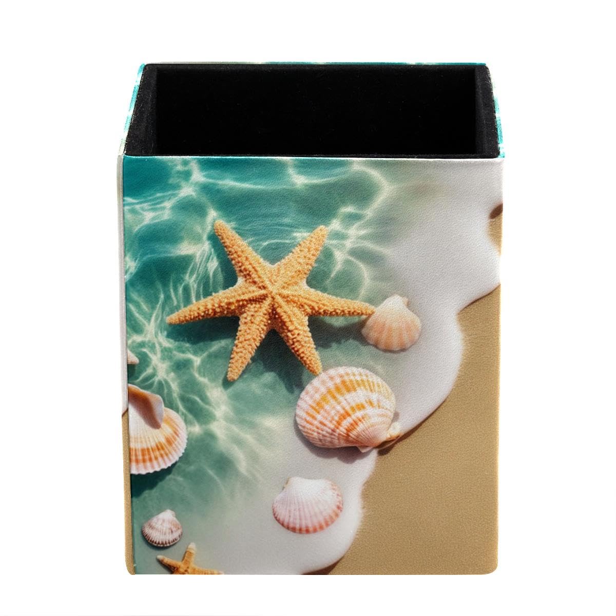 Beach Seashells Starfish Pen Holder Pen Pot, Square Pencil Cup for Desk