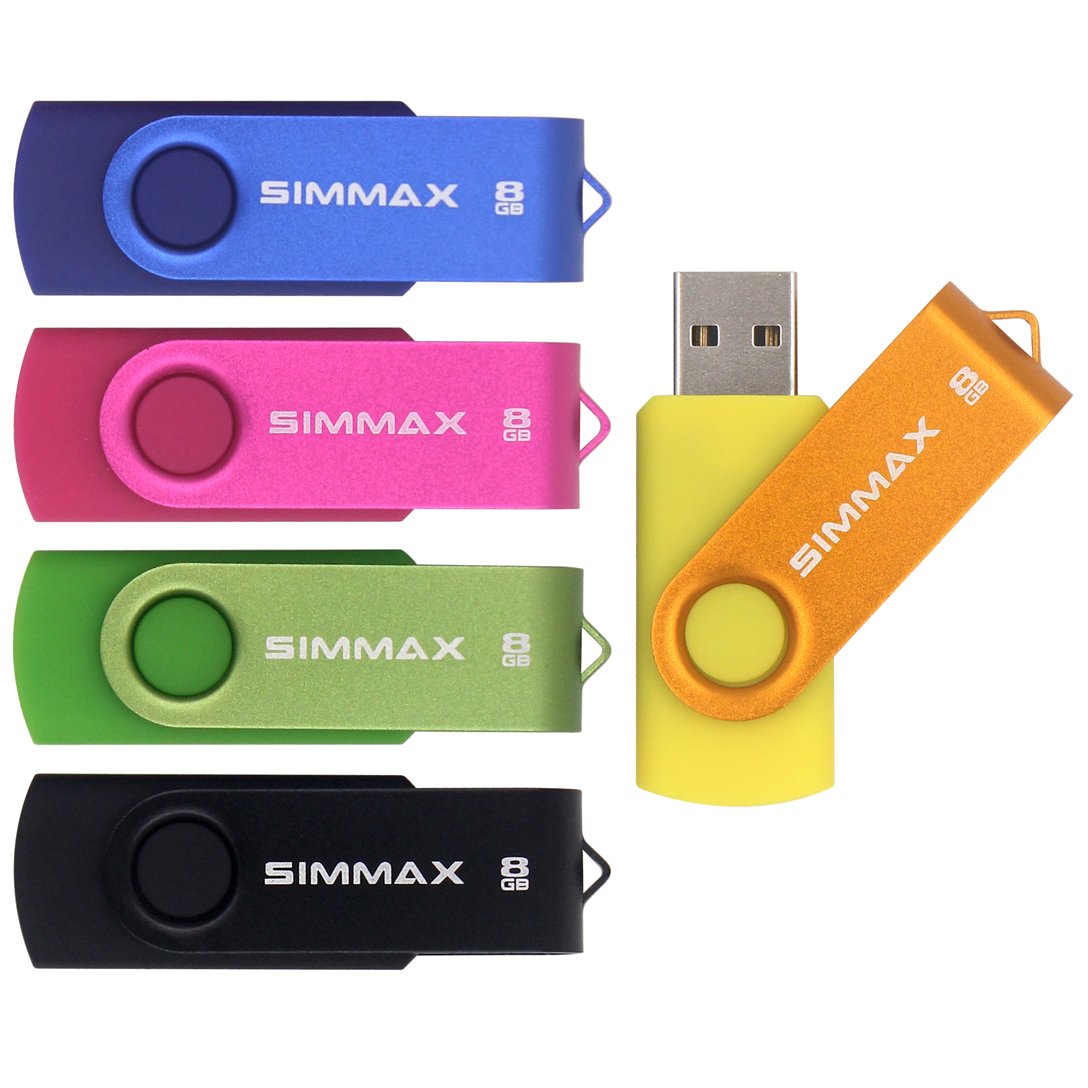 SIMMAX 5Pcs 8GB USB Flash Drive USB 2.0 Flash Drive Memory Stick Fold Storage Thumb Stick Pen Swivel Design (Five Mixed Colors: Black Blue Green Gold