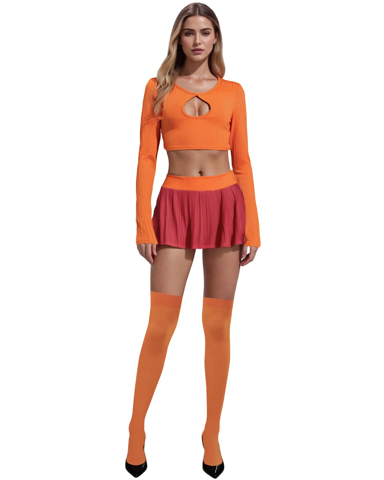 ensswliz Women Velma Costume Halloween Classic Deluxe Roleplay Cosplay Orange Long Sleeve Hollowed Crop Top Mini Skirt with Stockings Set (A-Orange, S)
