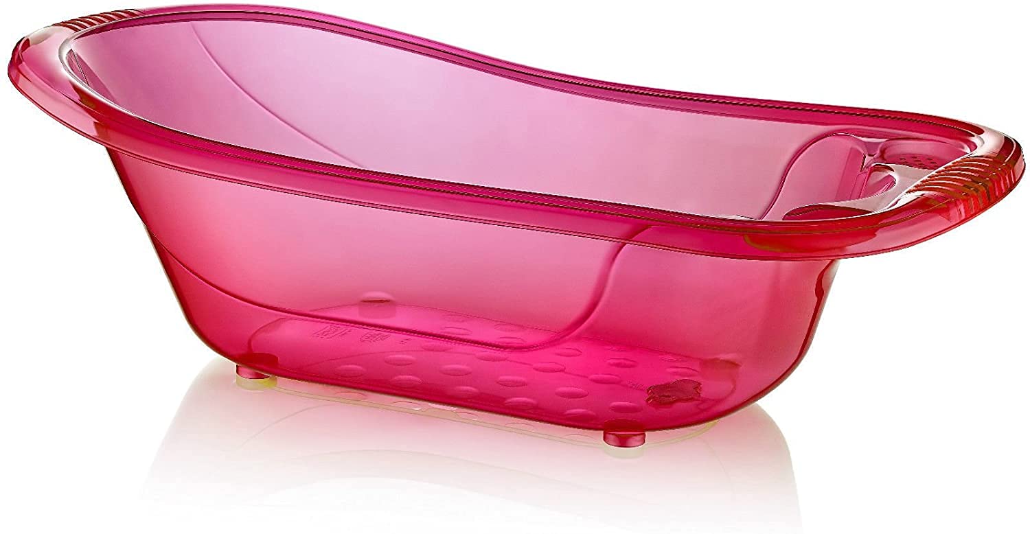 Large 50 Litre Aqua Clear Transparent Baby Bath Tub with Drainage Plug BPA Free (Pink)
