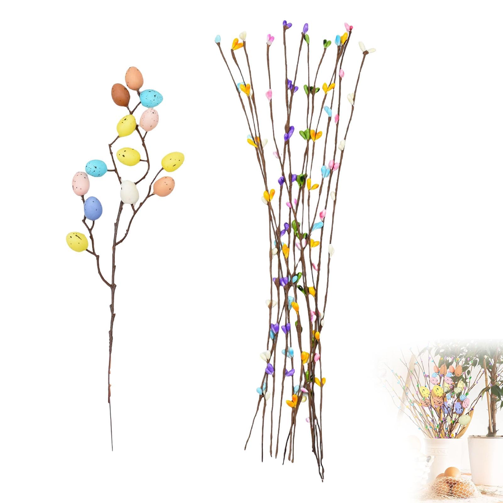 Anguxer Osterzweige Deko Set mit Bunten Eiern – 12 Frühlingszweige + 1 Eierzweig, Künstliche Osterdeko für Vase, Osterstrauch, Tischdeko Ostern, Frühlingsdeko Wohnzimmer, Pastell Ostereier Zweige