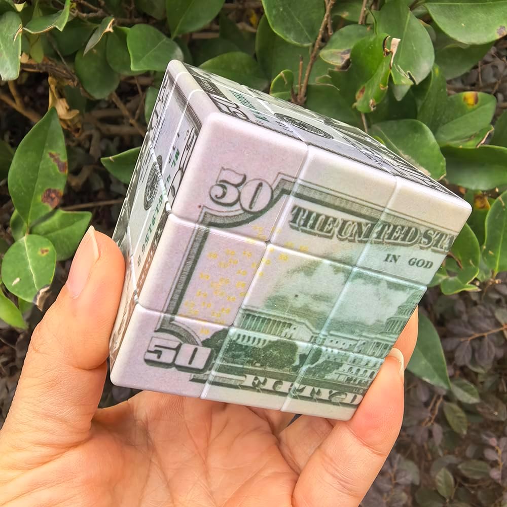 Fifty Dollar Cube,3x3 Magic Cube,US Dollar Bill Speed Cube Stickerless with Stand, Problem-Solving Brain Teaser Puzzle Toy for Kids Adult