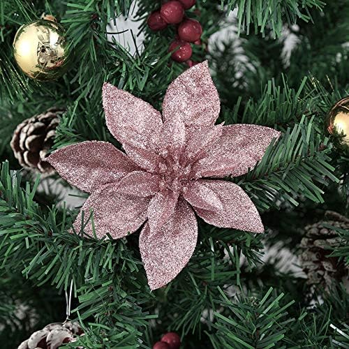 Yueshop 10 Pcs Glitter Christmas Flowers with Artificial Poinsettia Flower Christmas Tree Flower Decorations Xmas Tree Ornaments (White, 9CM)