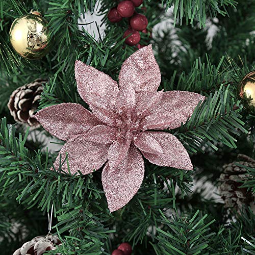 Image of Yueshop 10 Pcs Glitter Christmas Flowers with Artificial Poinsettia Flower Christmas Tree Flower Decorations Xmas Tree Ornaments (Rose Gold, 15CM)