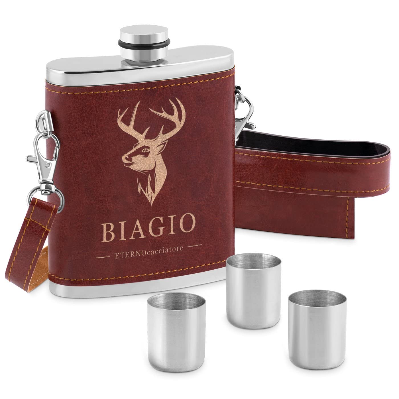 Maverton Fiaschetta in metallo rivestita in pelle - in acciaio con tre bicchierini - dimensioni 15cm x 9,5cm x 3cm - incisione personalizzata - perfetta idea regalo per uomo - cervo