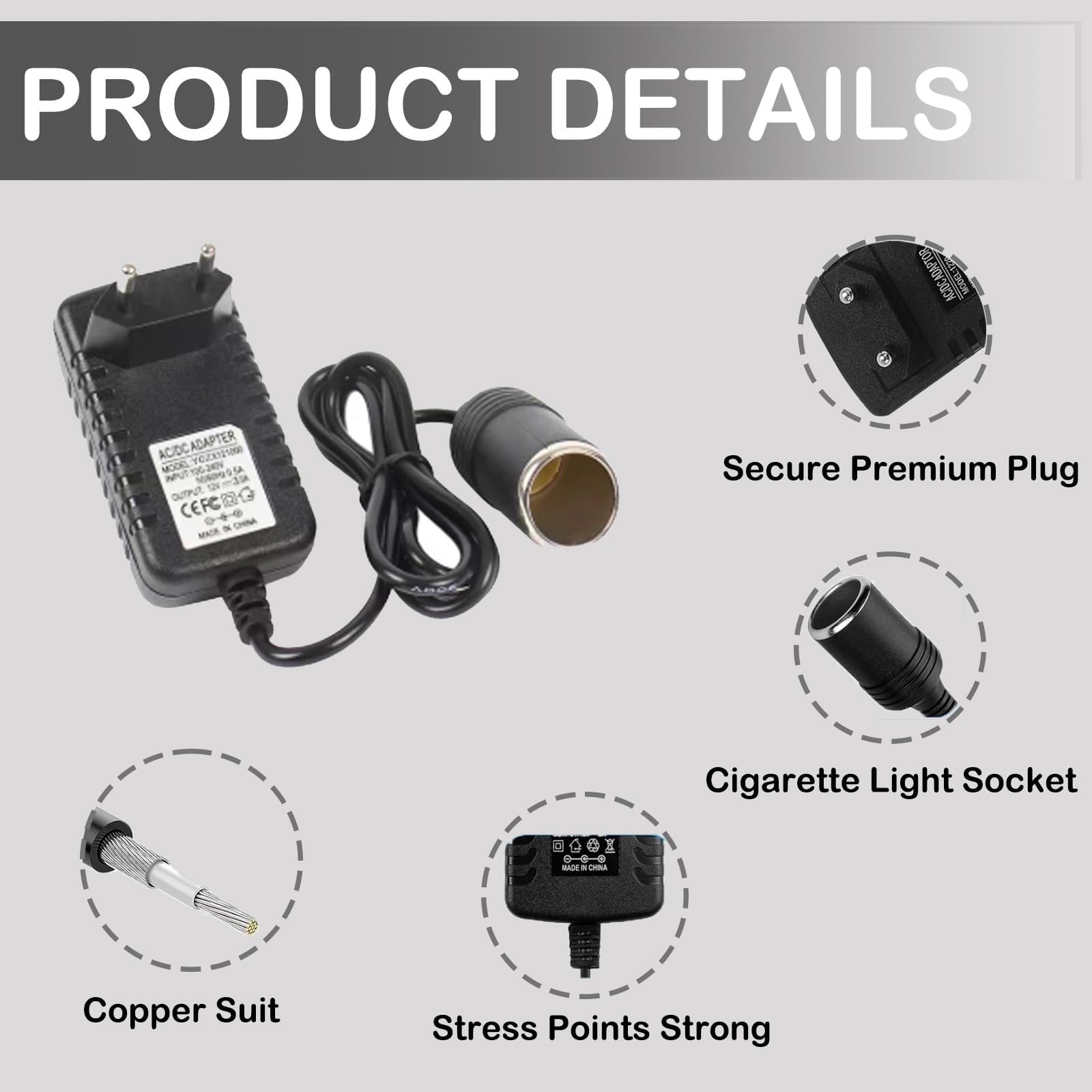 Adaptateur Allume Cigare Secteur, Convertisseur AC/DC Adaptateur Prise Allume-Cigare 12V 2A Remplacement de Convertisseur de Chargeur pour Voiture Aspirateur Réfrigérateur GPS Dashcam