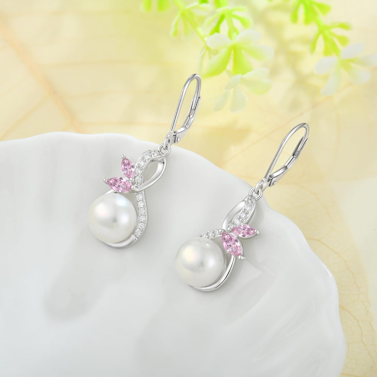 Pearl Earrings 925 Sterling Silver Infinity Butterfly Dangle & Drop Earrings for Women Leverback Earring with 10mm Freshwater Cultured Pearls Jewelry - Image 3