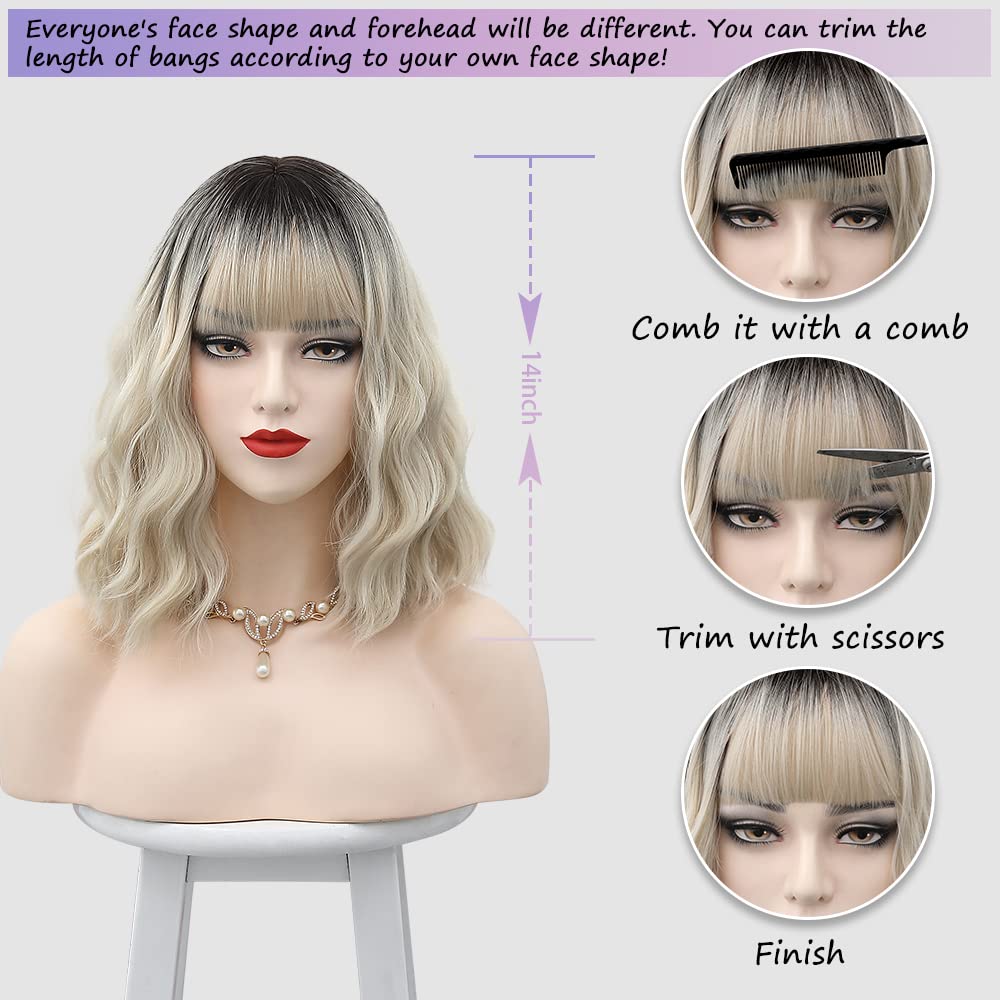 MUPUL Black Ombre White Blonde Wig Short Body Wavy Bob Wigs for Women With Bangs Shoulder Length Synthetic Cosplay Party Wig for Girls Daily Use Colorful Wigs (13" Black Ombre White Blonde)