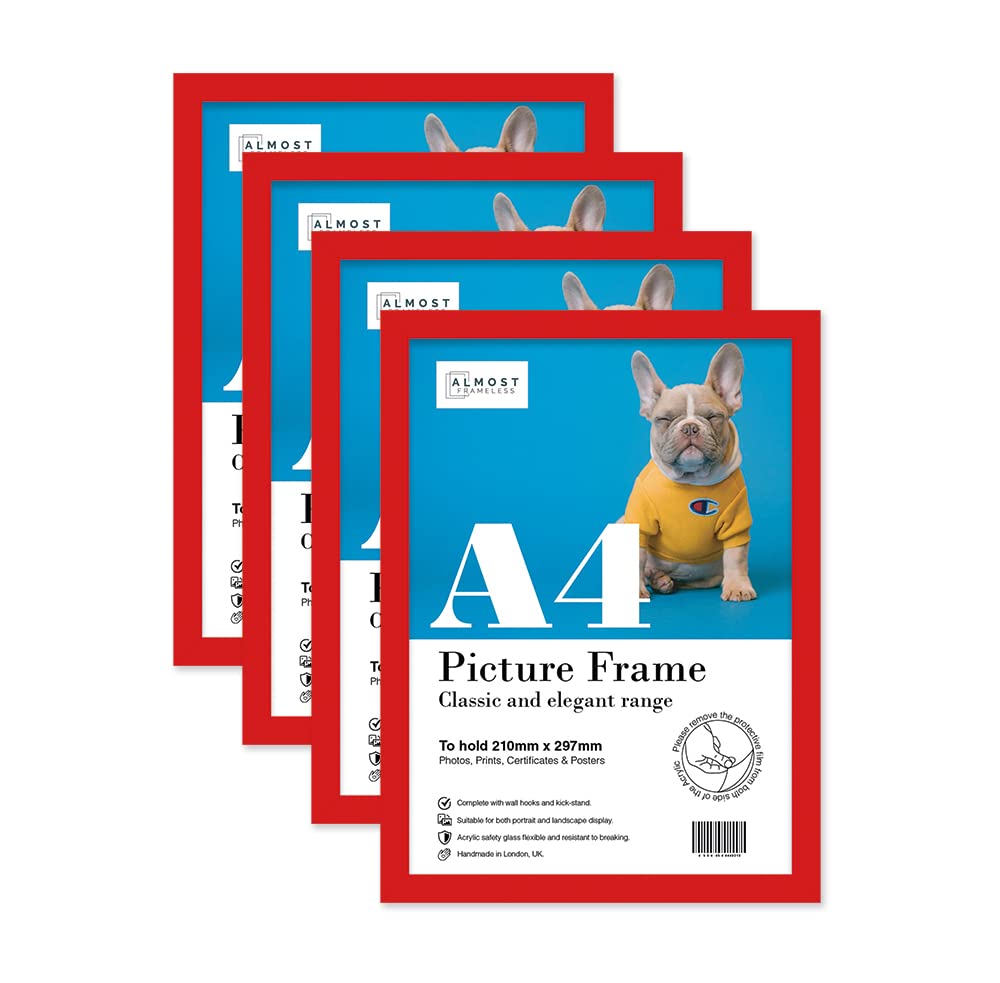 Almost Frameless A4 Red Picture Frame Set of 4, Display A4 Picture Gallery Wall, Poster, Photo, Artwork, or Print, Red
