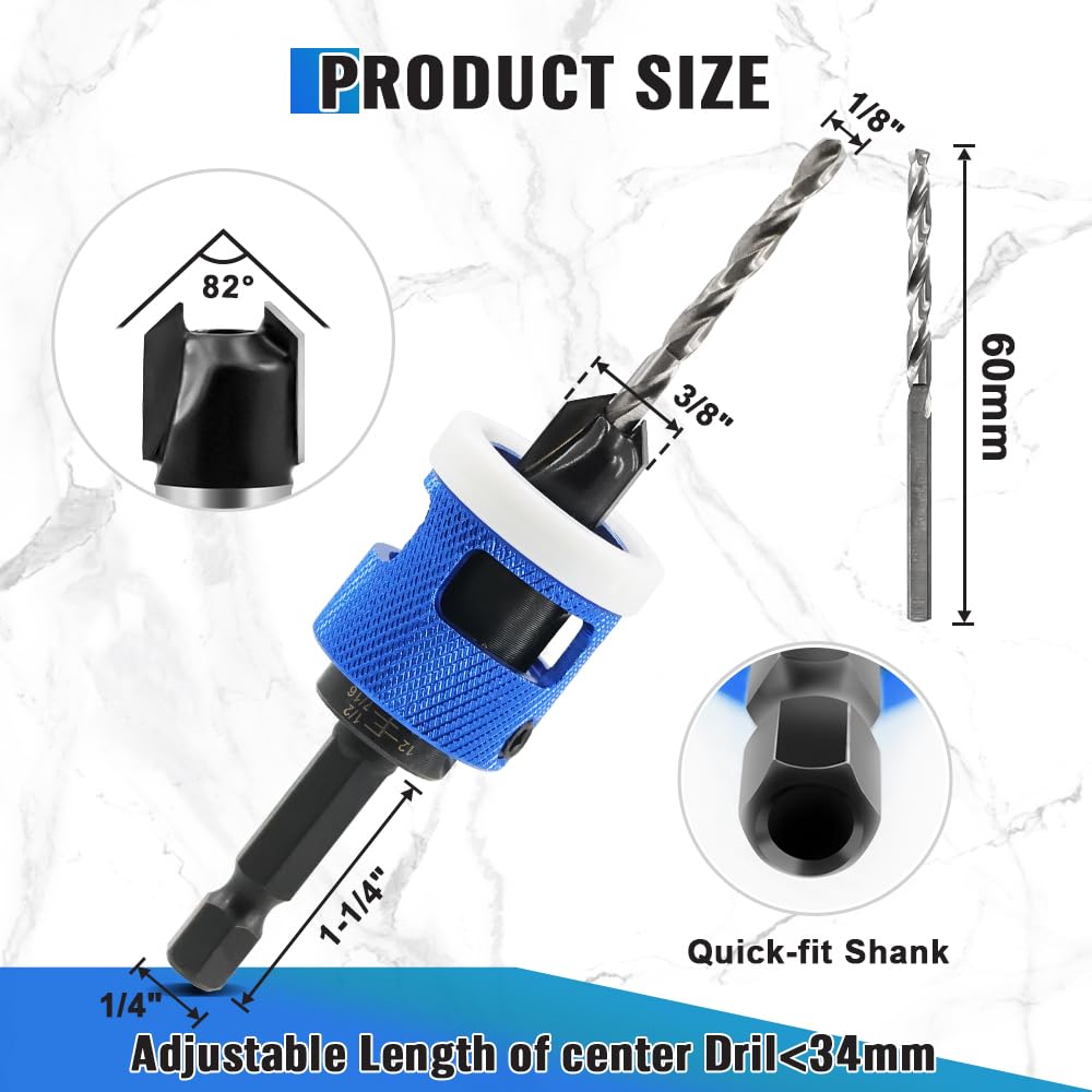 Adjustable Depth Stop Carbide Tipped Countersink Bit for Wood Quick Release Hex Shank,2pcs1/8 * 3/8" HSS M2 Tapered Bits Screwdriver Bit for Woodworking Plastic,Wood.Pilot Screw Hole Set