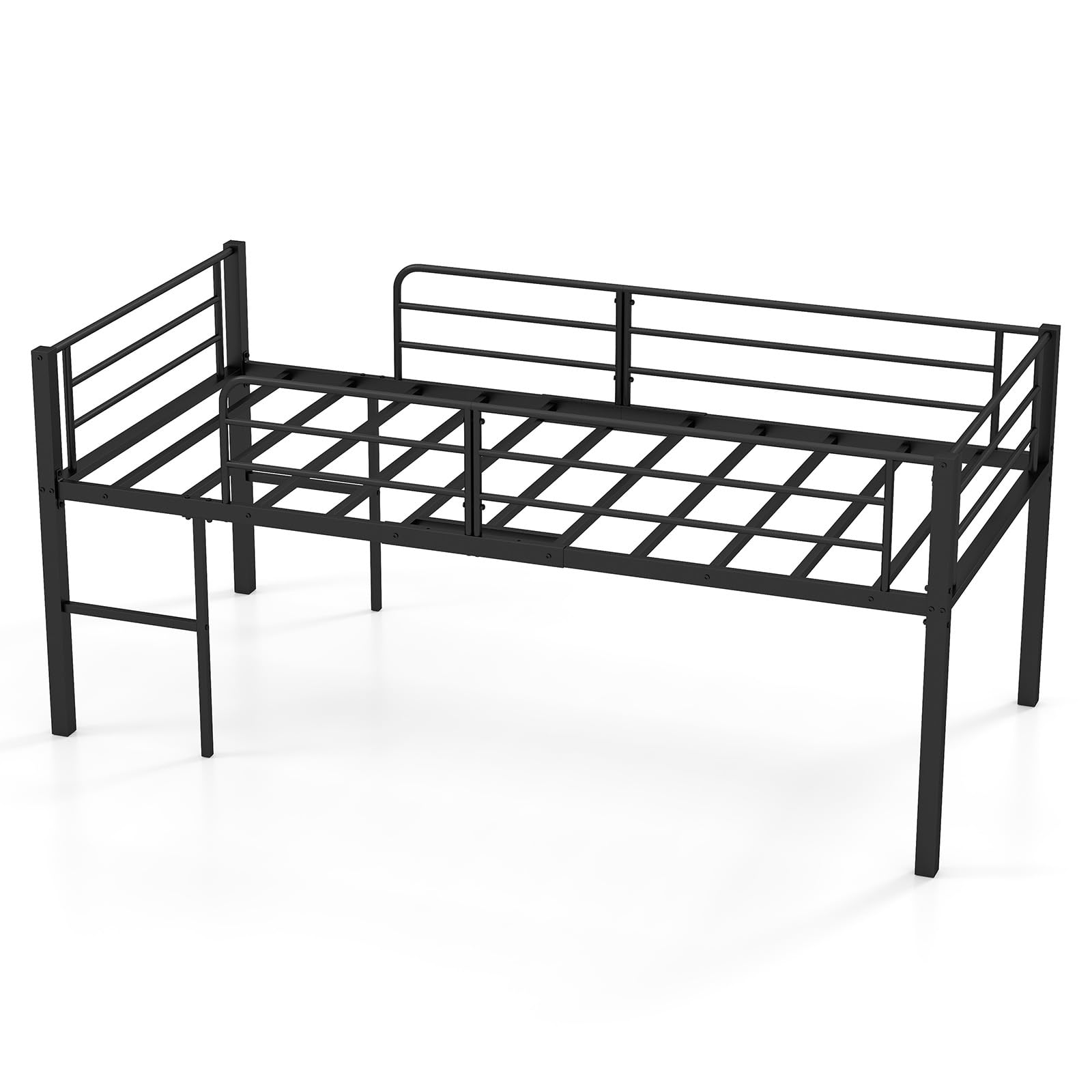 COSTWAY Cama Individual Somier, Estructura Metálica con Barandillas de Seguridad y 2 Escaleras, Listones Metálicos Resistentes para Cama Altillo para Niños, Jóvenes, 198,5 x 96 x 88 cm (Negro)